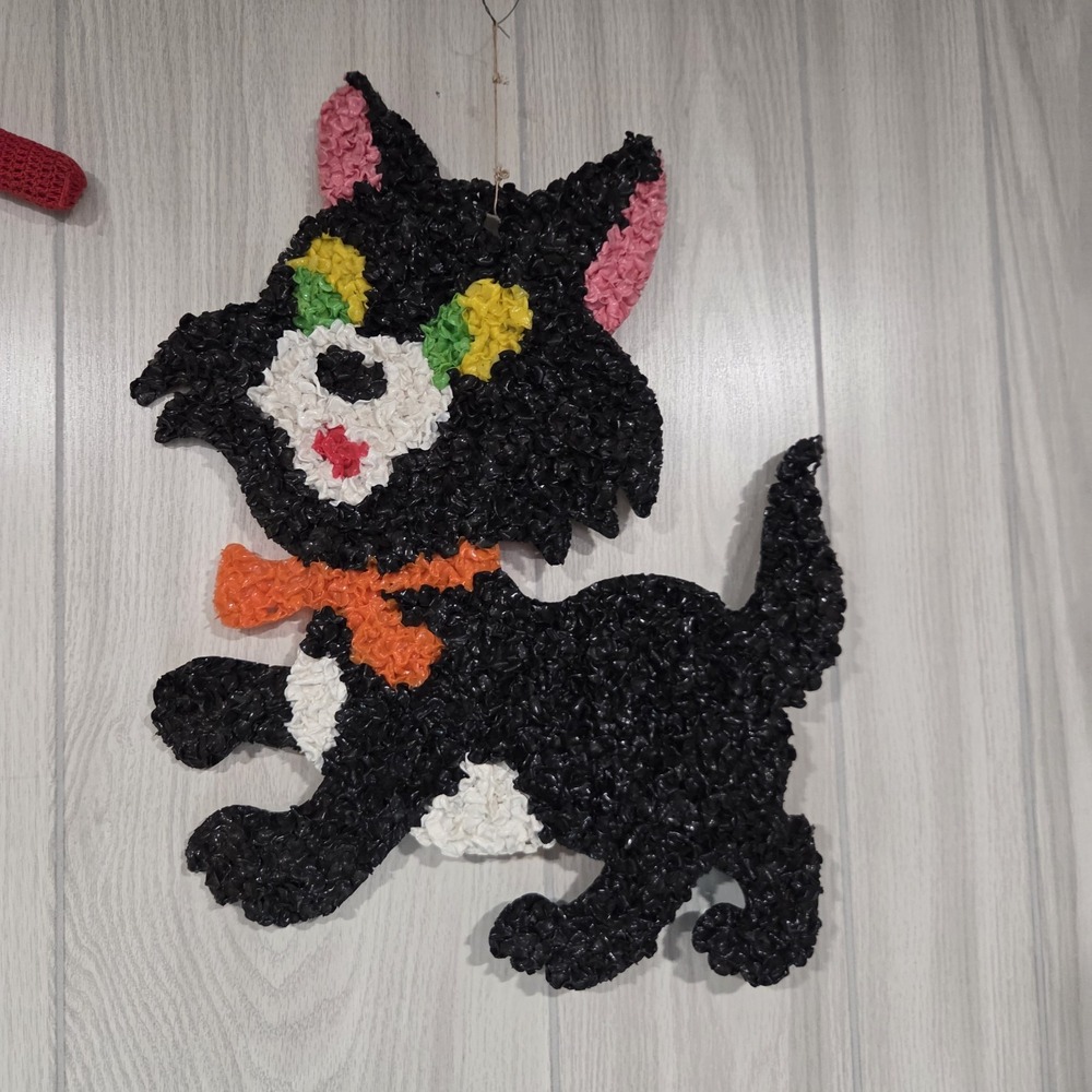 Vintage Melted Popcorn Plastic Black Cat Wall Hanging Halloween